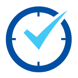 A clock with blue and cyan colors and a check mark in the middle.